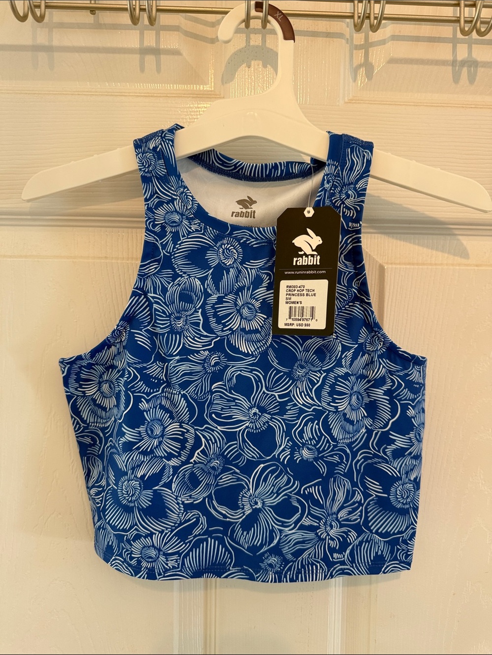 NWT Rabbit women’s Crop Hop Tech Princess Blue Floral Tank